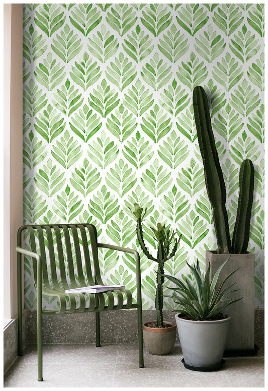HaokHome 96031 Green Peel and Stick Wallpaper Watercolor Tulip Leaf Removable Boho Wall Paper