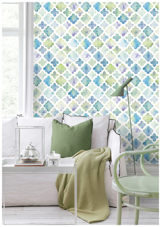 HaokHome 96032 Geometric Peel and Stick Wallpaper Tiles Blue Green White Watercolor Trellies Murals Wall Paper