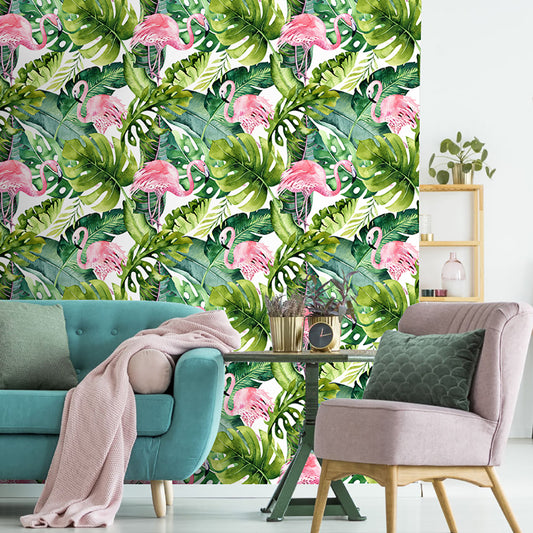 HaokHome 93013 Flamingo Peel and Stick Wallpaper Tropical Forest Animal Birds Wallpaper for Bedroom