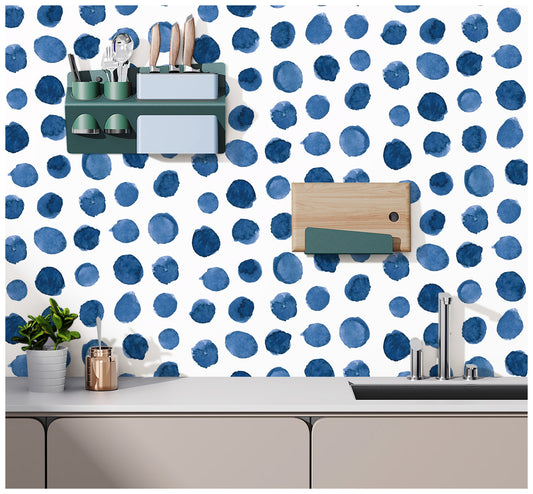 HaokHome 96099-1 Watercolor Brush Strokes Dots Indigo Blue Peel and Stick Wallpaper Wall Room Decor