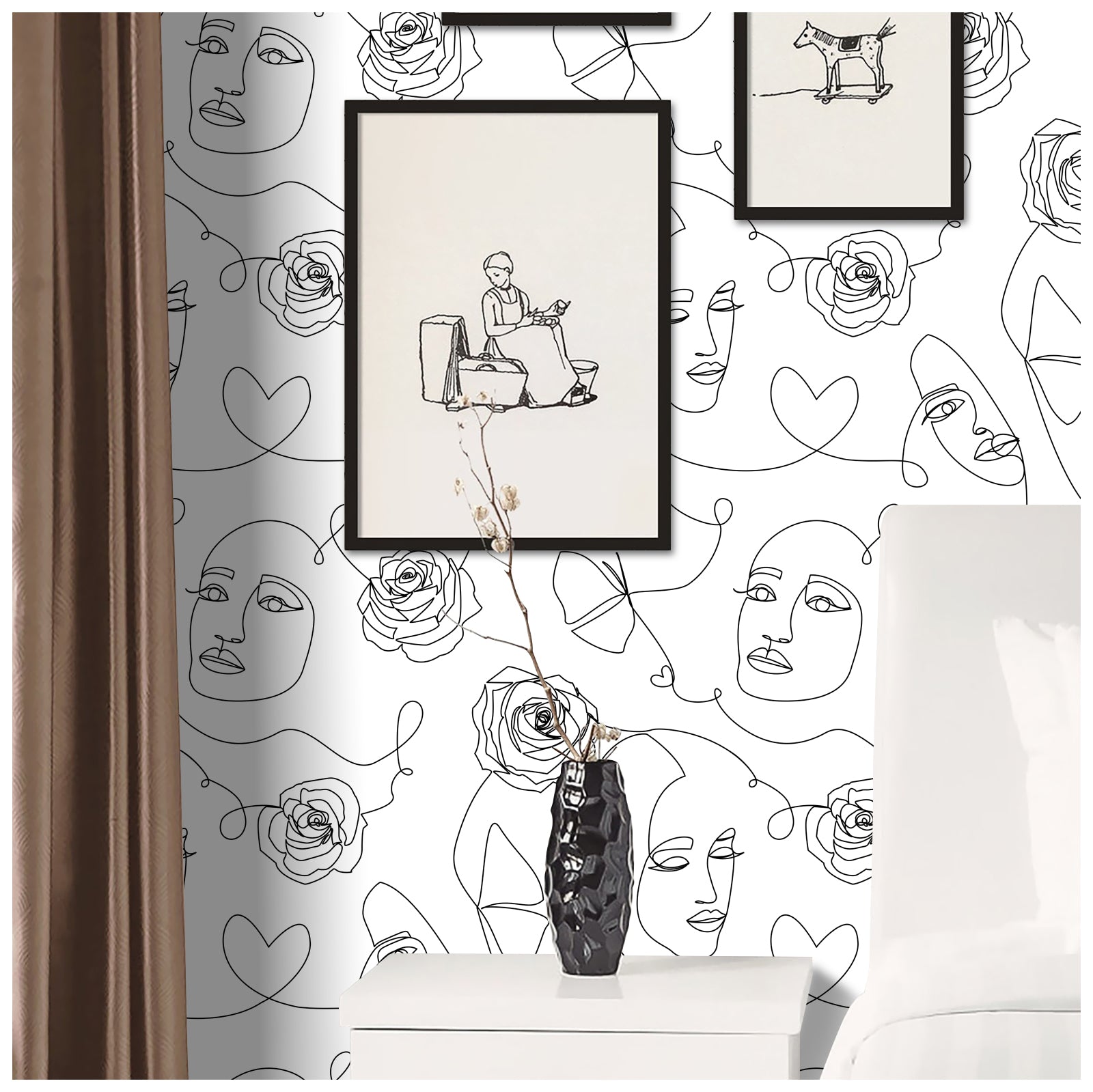 HaokHome 96076 Floral Abstract Hand Drawn Art Face Peel and Stick Wallpaper