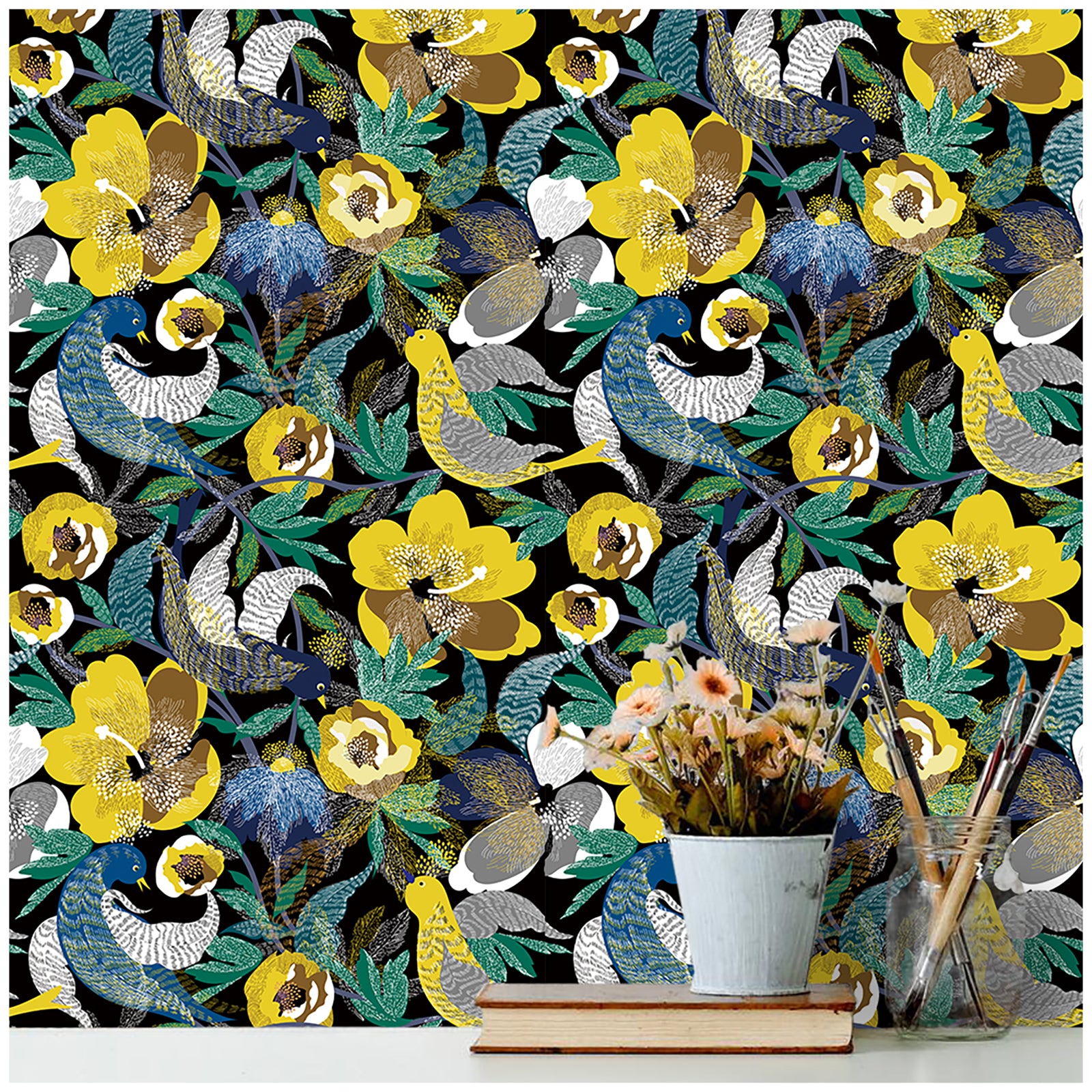 Haokhome 93096 Birds Floral Peel and Stick Wallpaper Removable Bedroom Wall Decorations