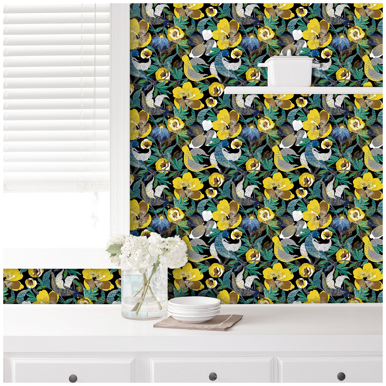 Haokhome 93096 Birds Floral Peel and Stick Wallpaper Removable Bedroom Wall Decorations