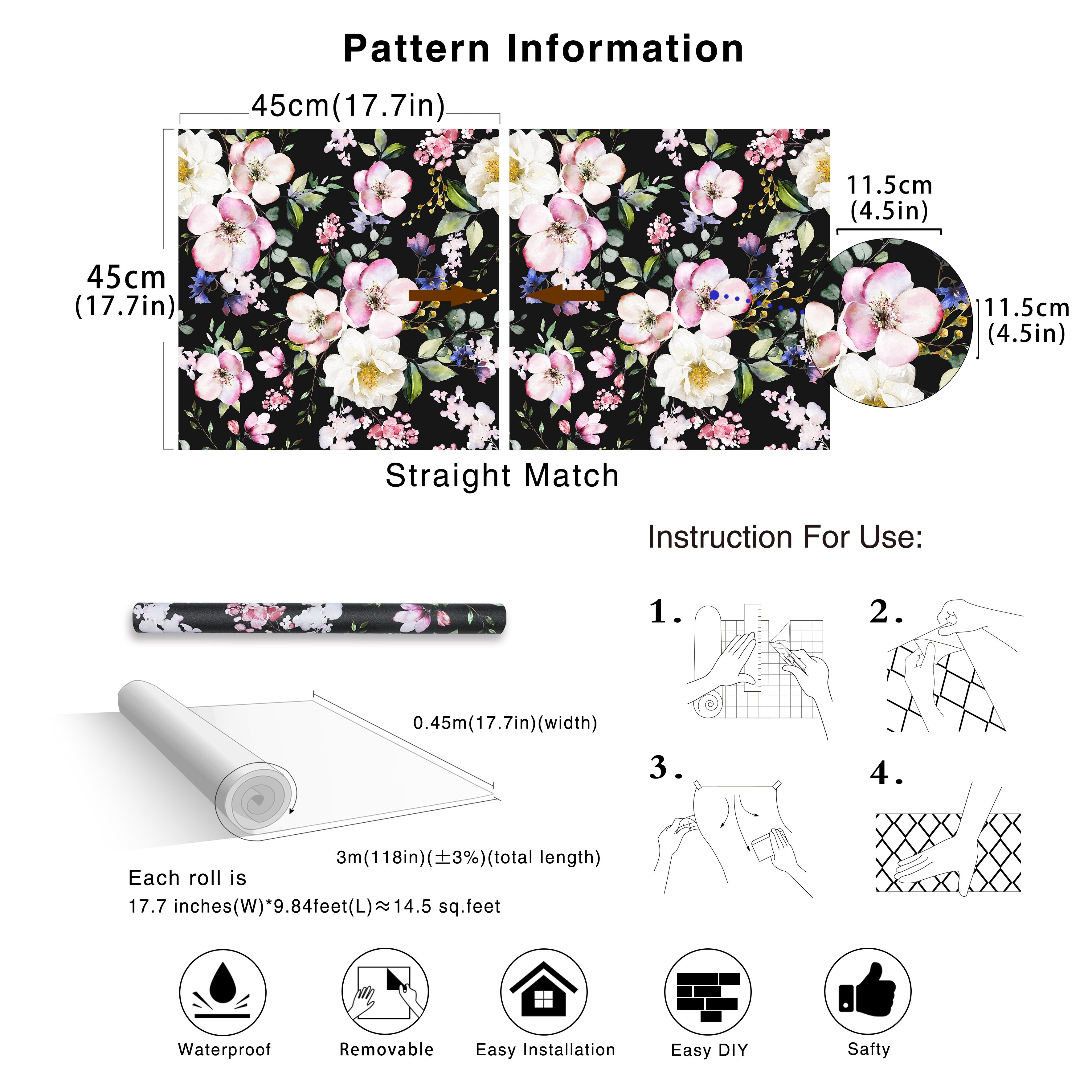 HaokHome 93170-1 Black/Pink Floral Peel and Stick Wallpaper Self Adhesive Mural Decorations