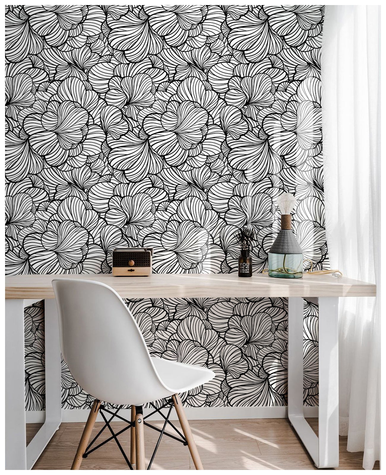 Haokhome 93104 Black and White Floral Peel and Stick Wallpaper Abstract Flower Art Decor Wallpaper