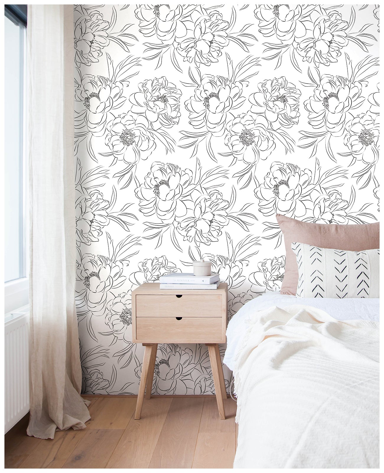 HaokHome 93251-1 Black and White Wallpaper Peel and Stick Removable Sketch Floral Wall Paper