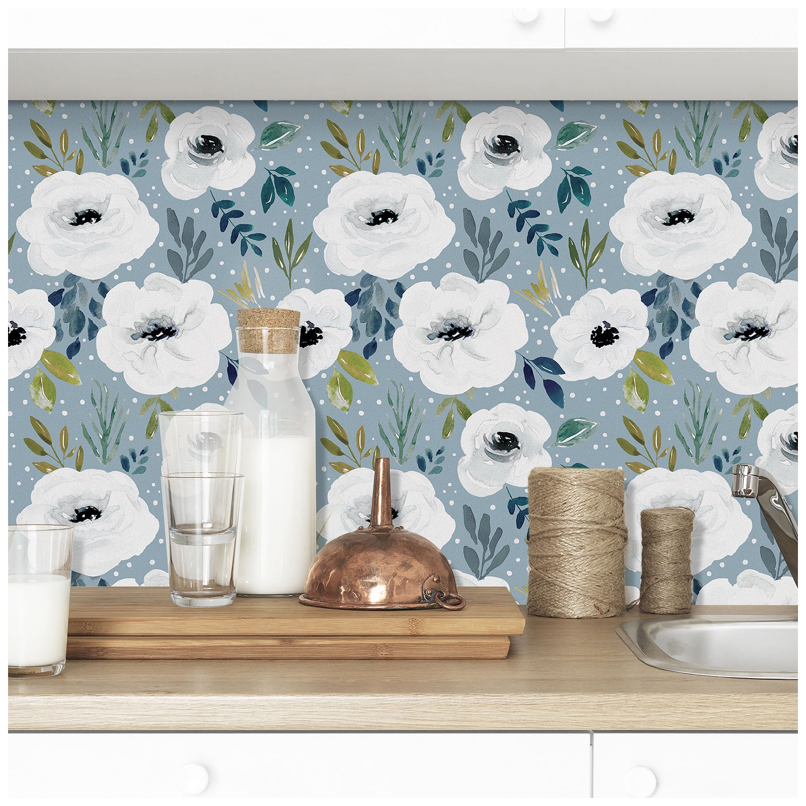 HaokHome 93245 Blue Floral Removable Peel and Stick Wallpaper Vinyl Self Adhesive Decor