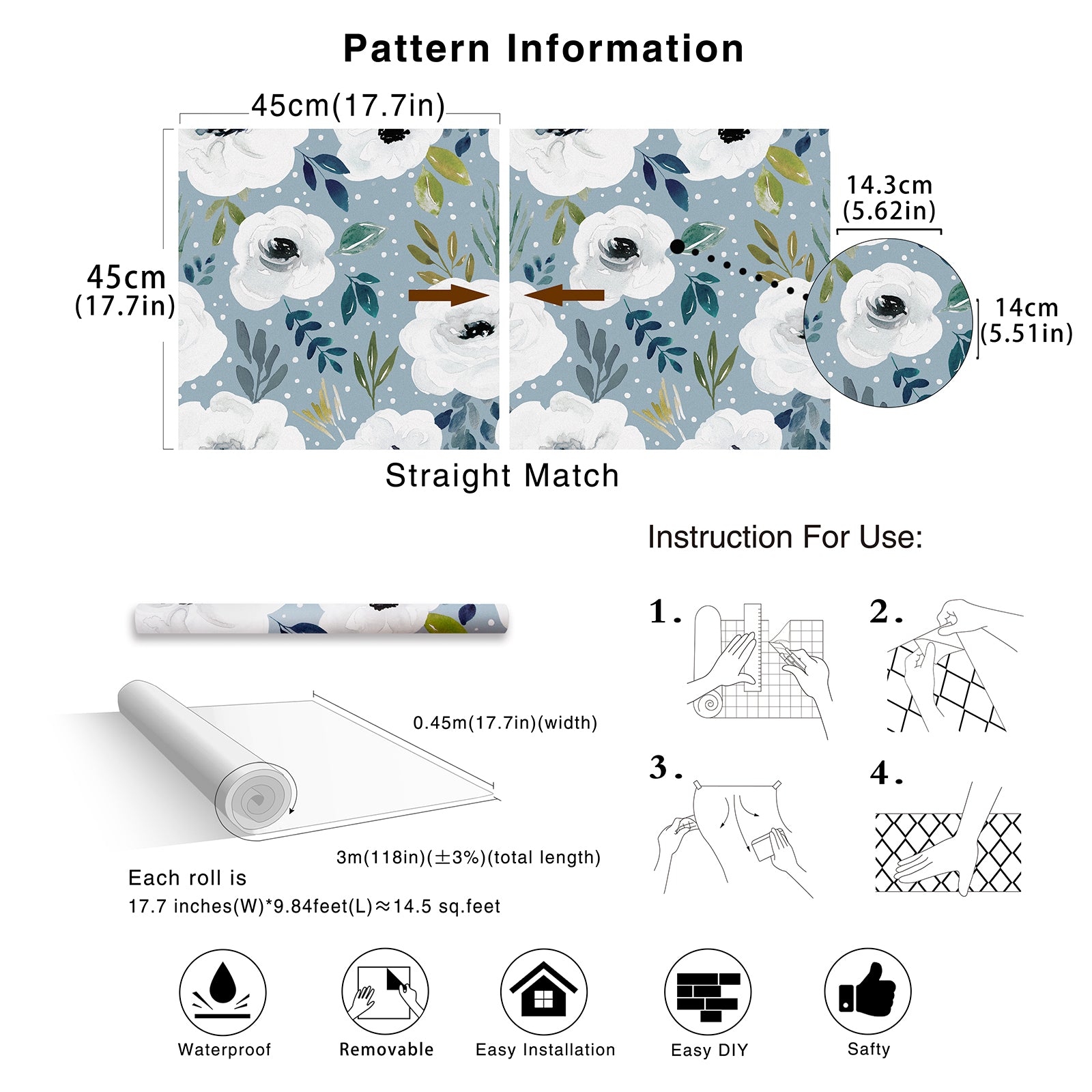 HaokHome 93245 Blue Floral Removable Peel and Stick Wallpaper Vinyl Self Adhesive Decor