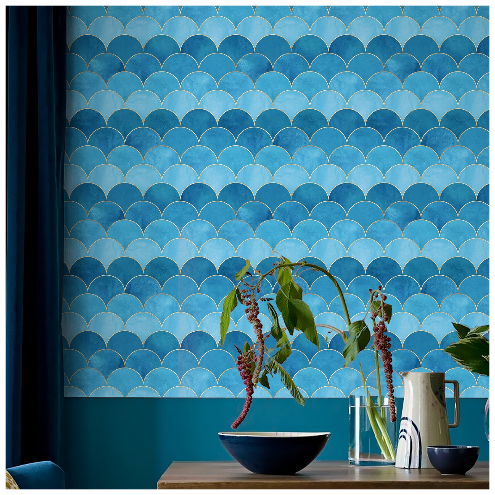 HaokHome 96073 Blue Tiles Peel and Stick Wallpaper Geometric Modern Marble Wall Paper