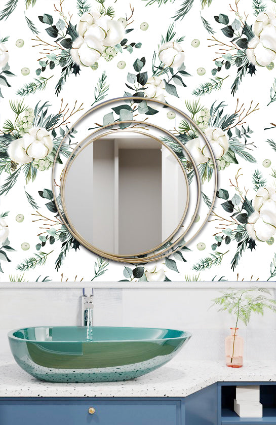 HaokHome 93261-1 Boho Wallpaper Peel and Stick Green White Cotton Flower Waterproof Wall Paper