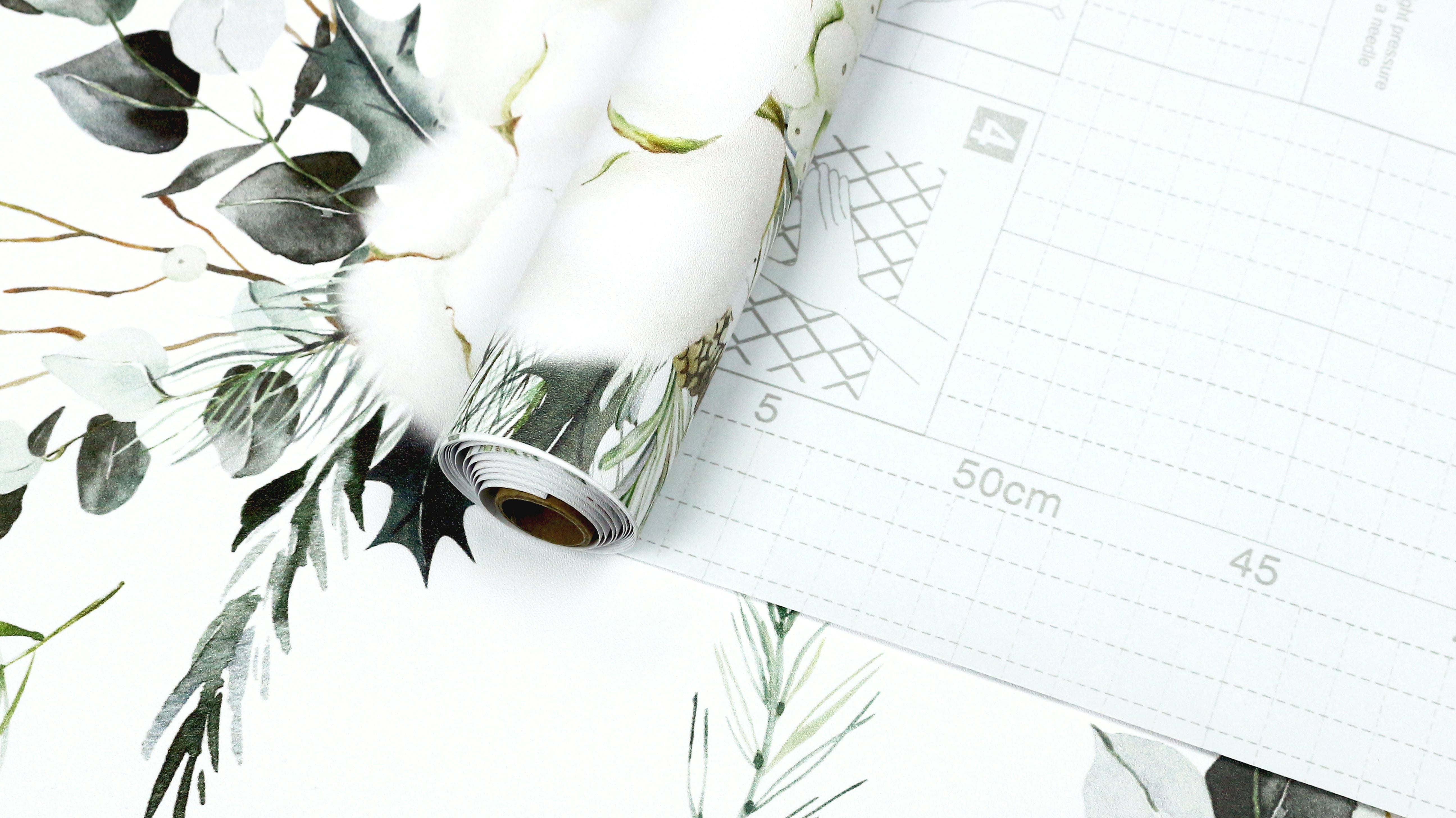 HaokHome 93261-1 Boho Wallpaper Peel and Stick Green White Cotton Flower Waterproof Wall Paper