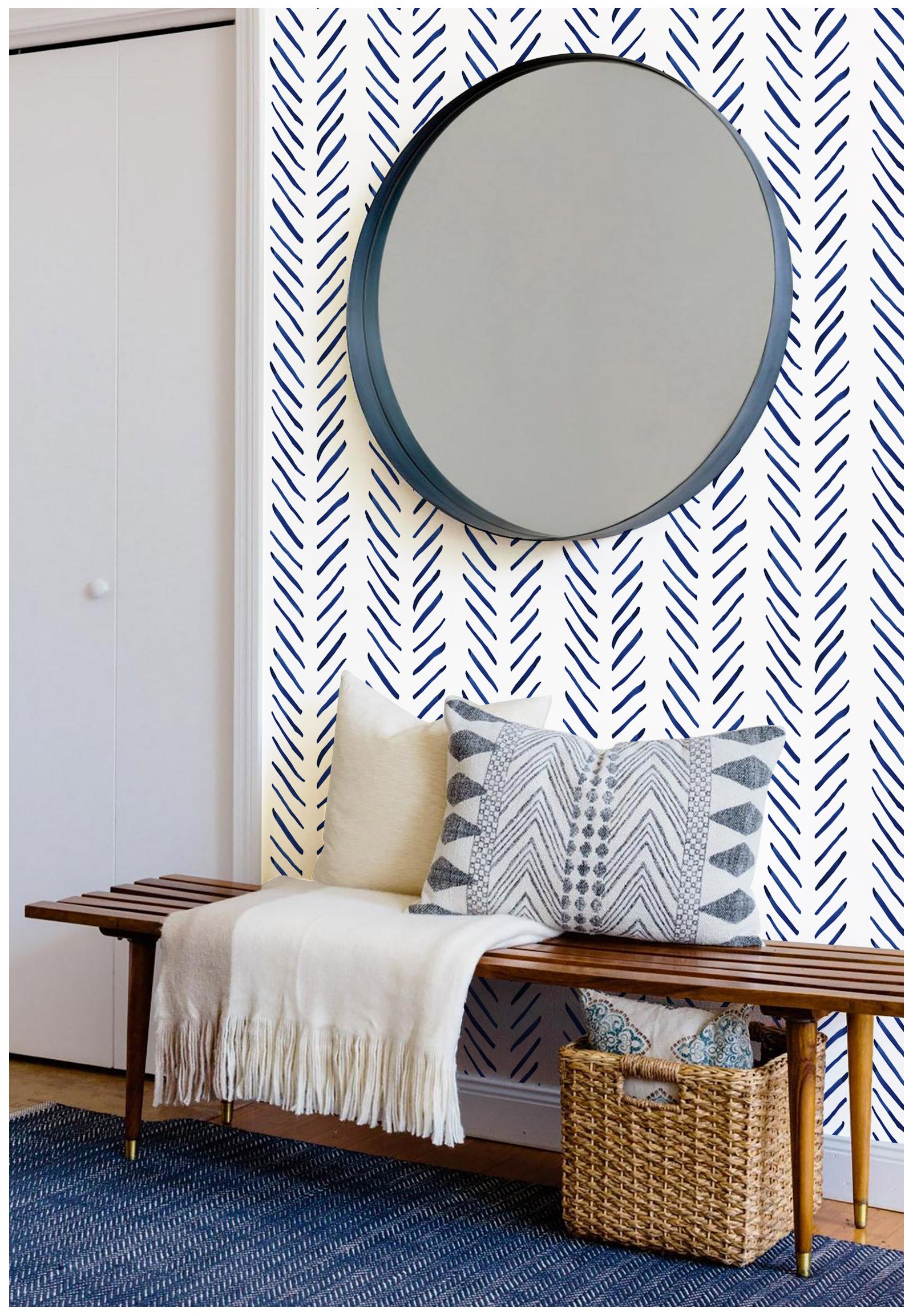 HAOKHOME 96101-1 Boho Wallpaper Peel and Stick Wallpaper Stripes Removable Navy/White Chevron Vinyl Stick On Contact Paper Mural