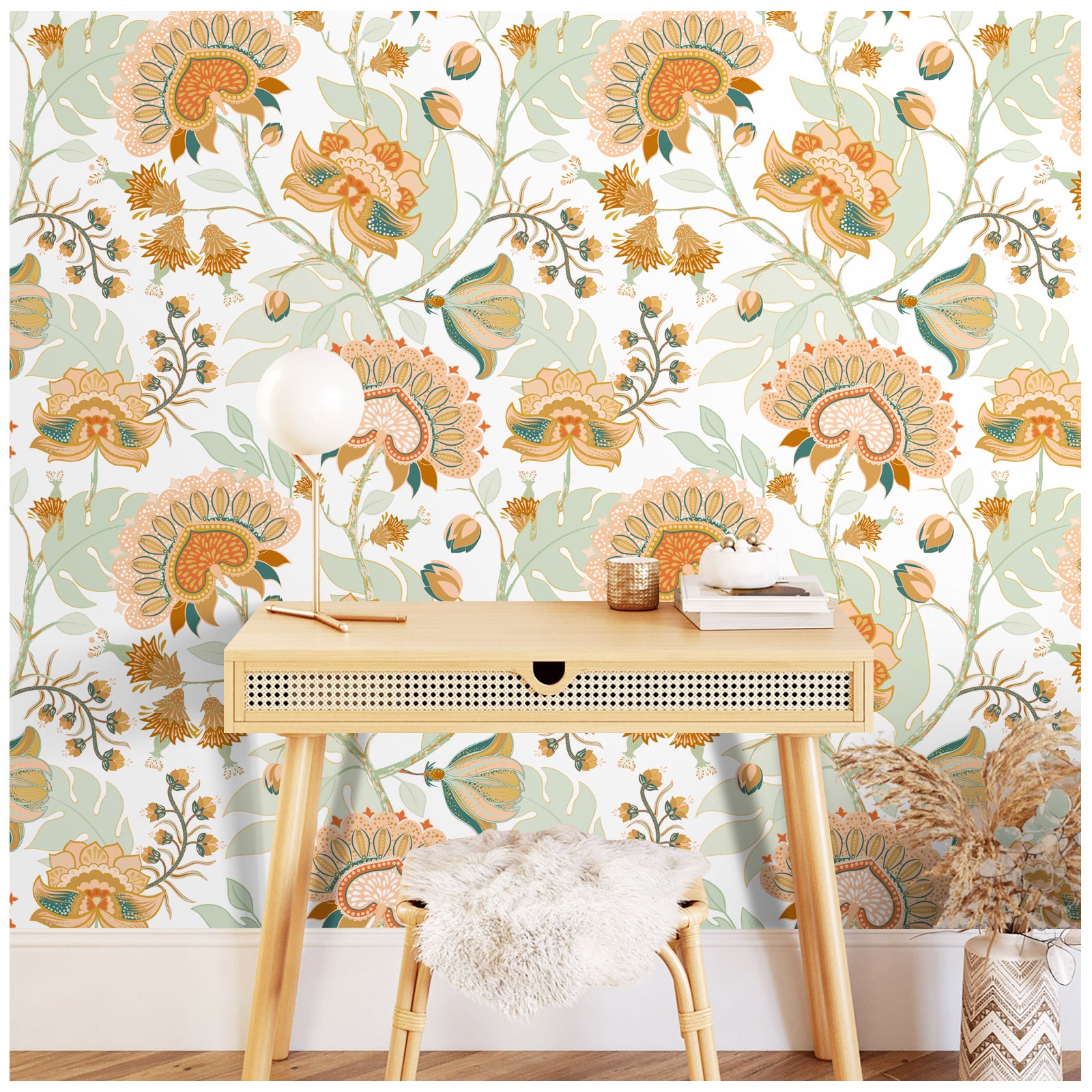 HaokHome 93151 Boho Wallpaper Vintage Chomper Flower Peel and Stick Wall Paper for Home Decor Countertops Cabinets