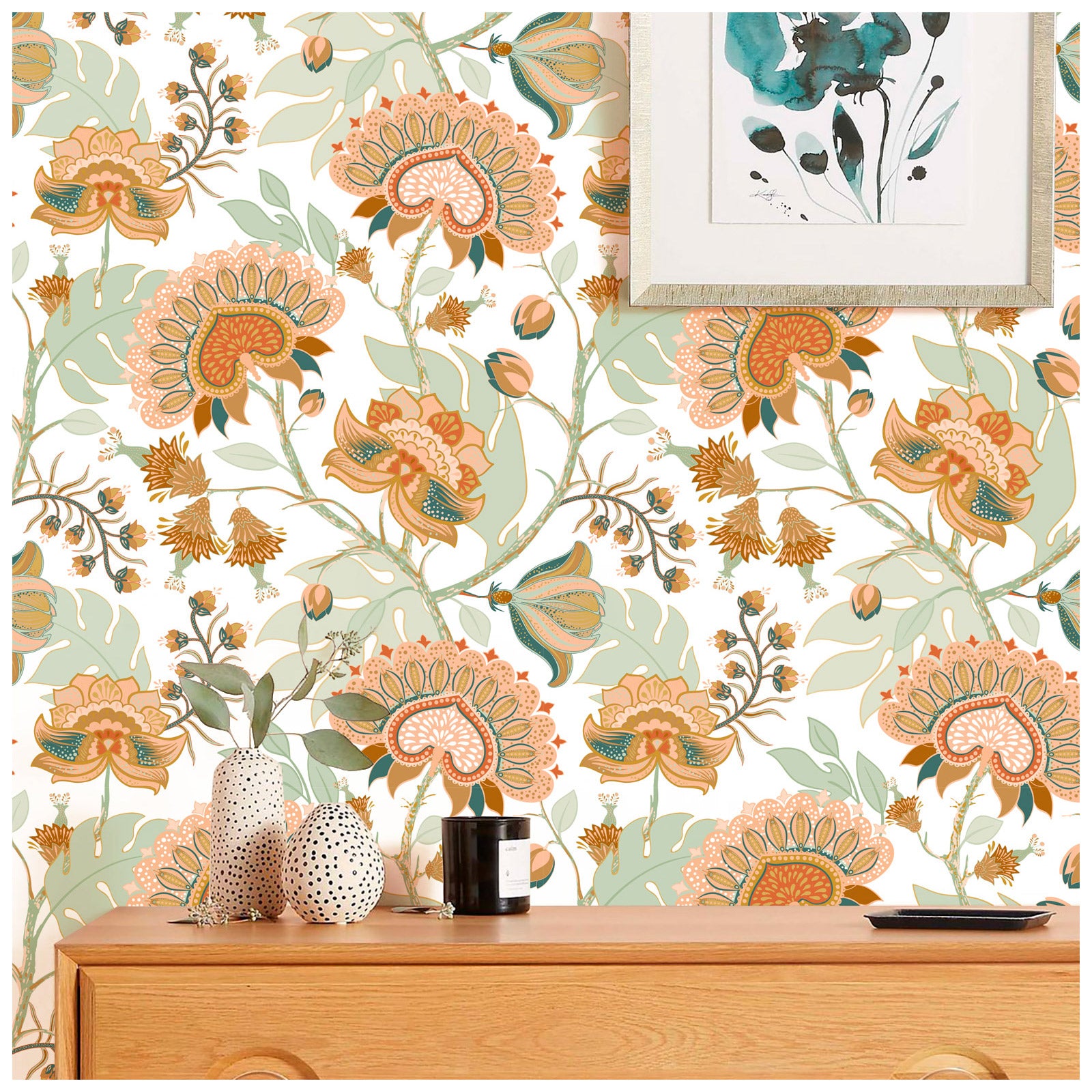 HaokHome 93151 Boho Wallpaper Vintage Chomper Flower Peel and Stick Wall Paper for Home Decor Countertops Cabinets