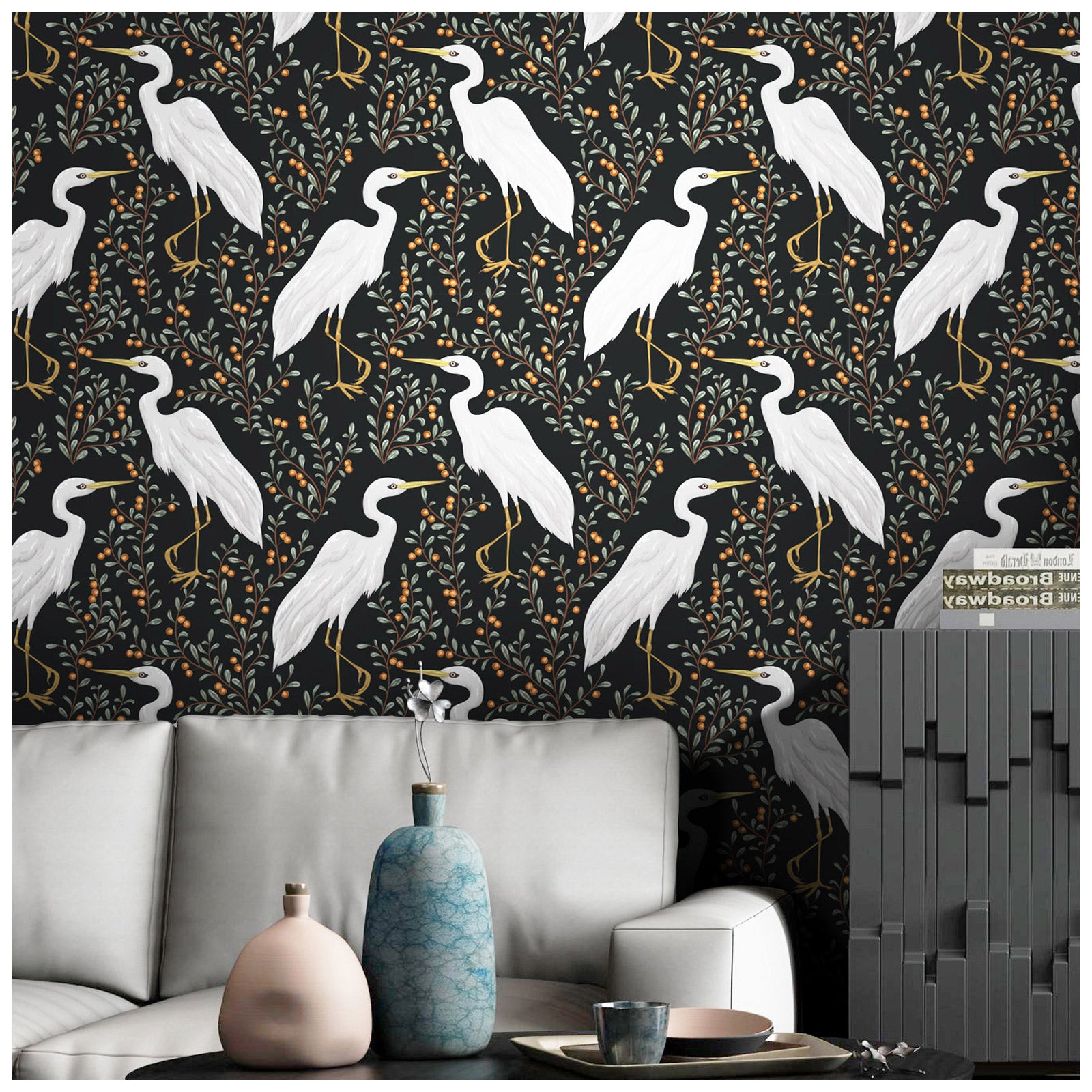 HaokHome 93134 Classical Crane Peel and Stick Wallpaper Forest for Bedroom Removable Decorations