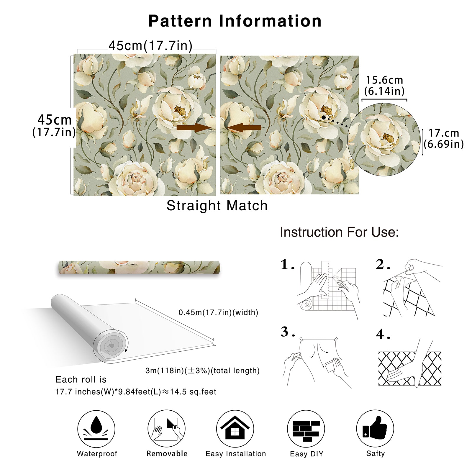 HaokHome 93242-2 Cream Color Rose Peel and Stick Wallpaper Removable Vinyl Self Adhesive DIY Decor