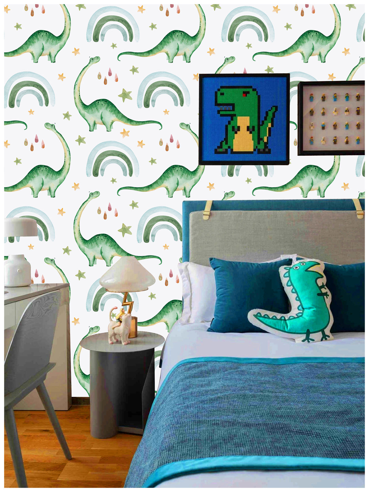 HaokHome 99026 Cute Dinosaur Peel and Stick Wallpaper Rainbow Raindrop Removable Contact Paper for Kids Bedroom Nursery Decoration