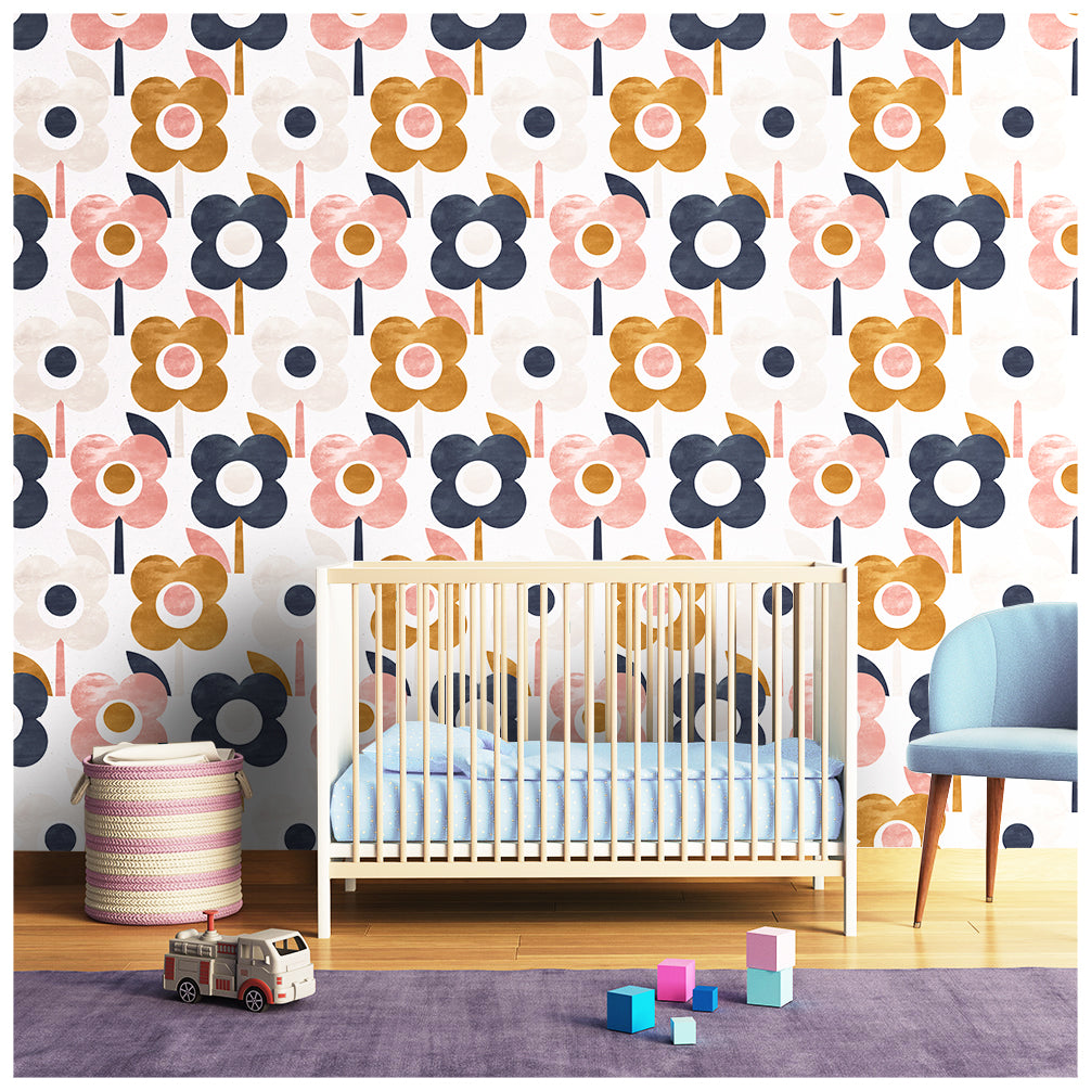 HaokHome 93015 Cute Flower Peel and Stick Wallpaper Removable for Nursery Walls Beige/Brown/Pink/Navy Blue