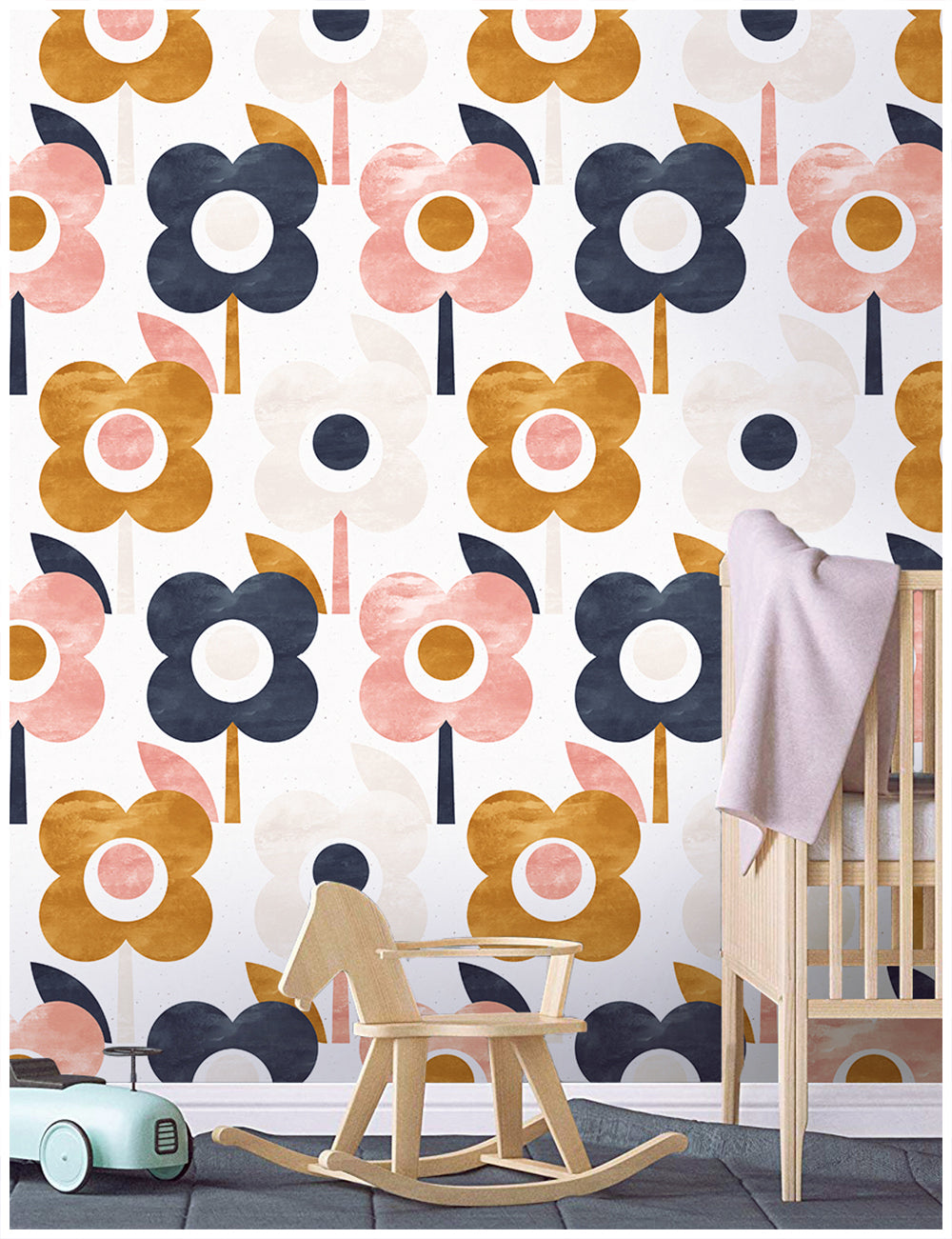 HaokHome 93015 Cute Flower Peel and Stick Wallpaper Removable for Nursery Walls Beige/Brown/Pink/Navy Blue