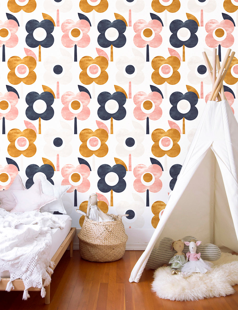 HaokHome 93015 Cute Flower Peel and Stick Wallpaper Removable for Nursery Walls Beige/Brown/Pink/Navy Blue