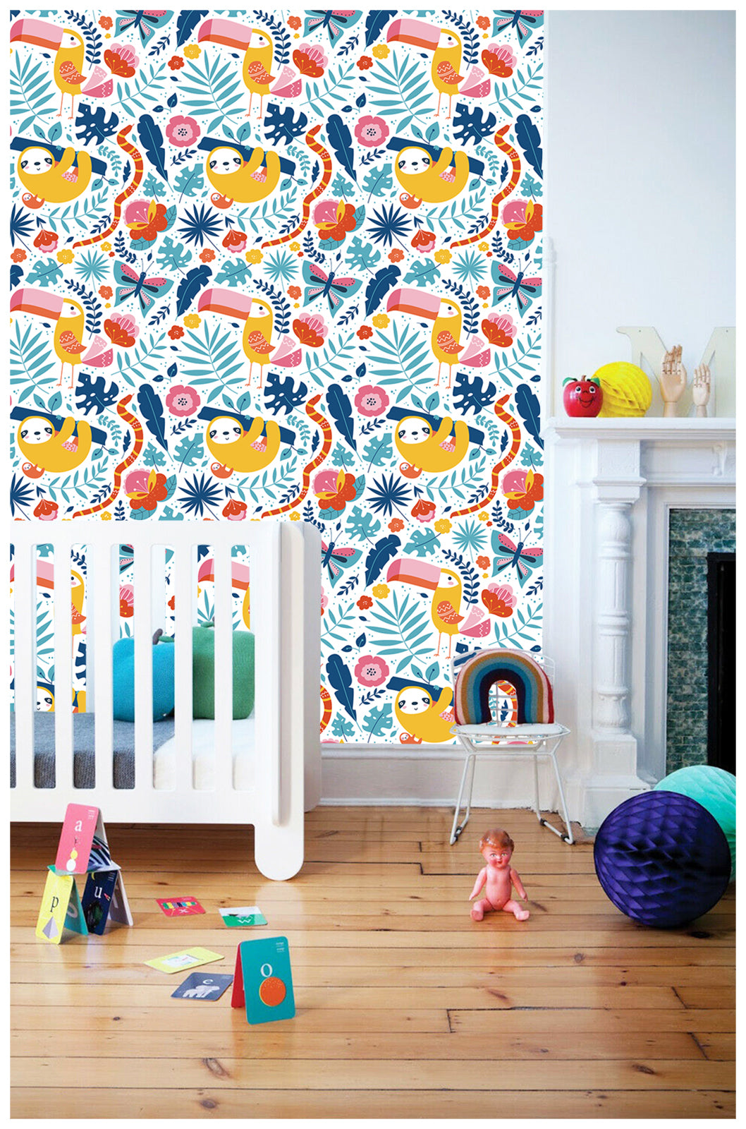 HaokHome 93052 Cute Peel and Stick Wallpaper with Parrot and Sloth Patterned for Nursery Kid Rooms Deco