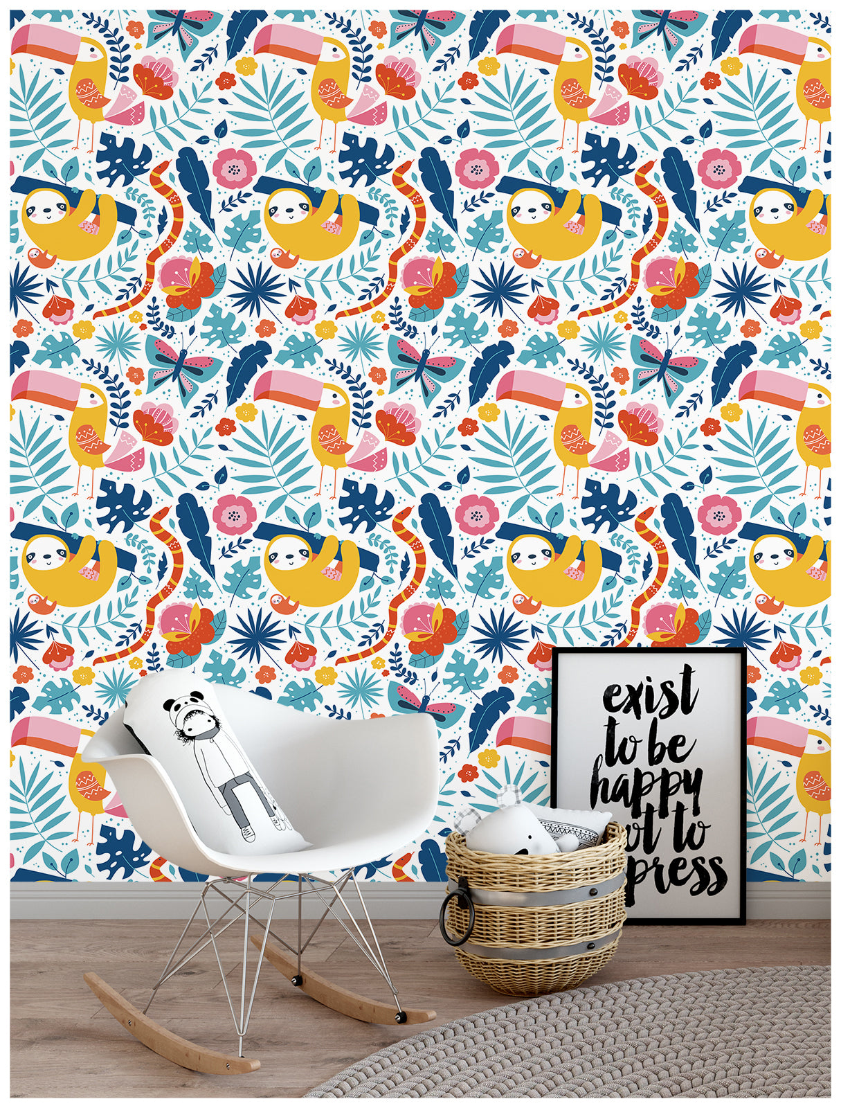 HaokHome 93052 Cute Peel and Stick Wallpaper with Parrot and Sloth Patterned for Nursery Kid Rooms Deco