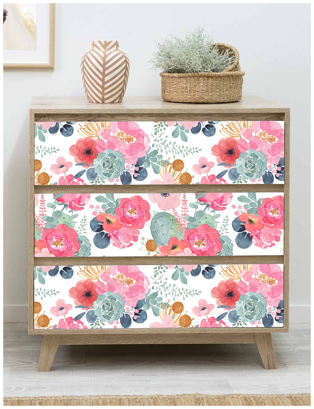 HaokHome 93005-2 Cute Watercolor Peony and Cactus Wallpaper Peel and Stick Floral Wallpaper White/Pink/Green