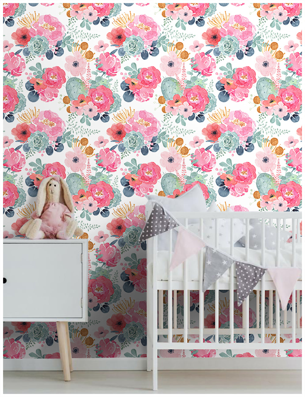 HaokHome 93005-2 Cute Watercolor Peony and Cactus Wallpaper Peel and Stick Floral Wallpaper White/Pink/Green