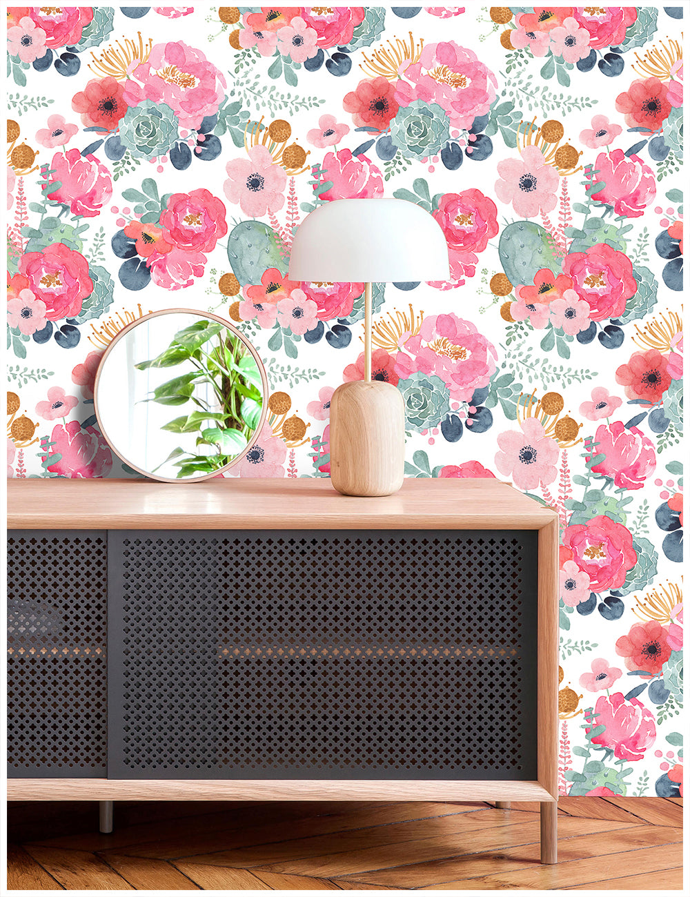 HaokHome 93005-2 Cute Watercolor Peony and Cactus Wallpaper Peel and Stick Floral Wallpaper White/Pink/Green