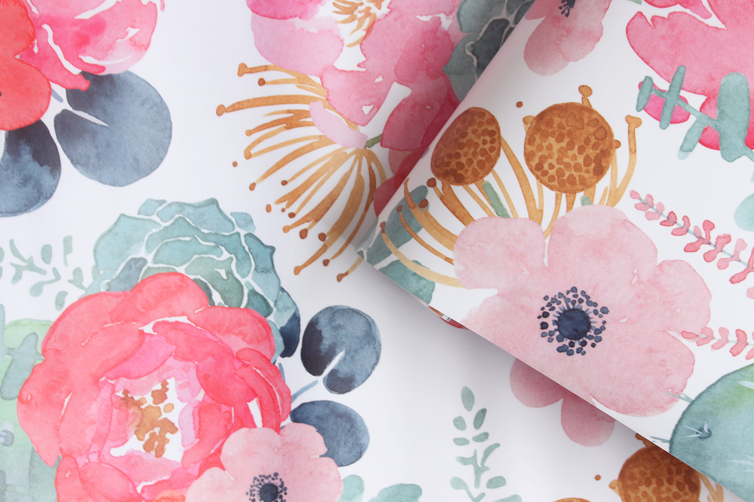 HaokHome 93005-2 Cute Watercolor Peony and Cactus Wallpaper Peel and Stick Floral Wallpaper White/Pink/Green