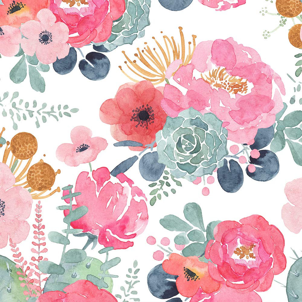 Pink and Green Succulents with Peonies and Poppies Floral Wallpaper