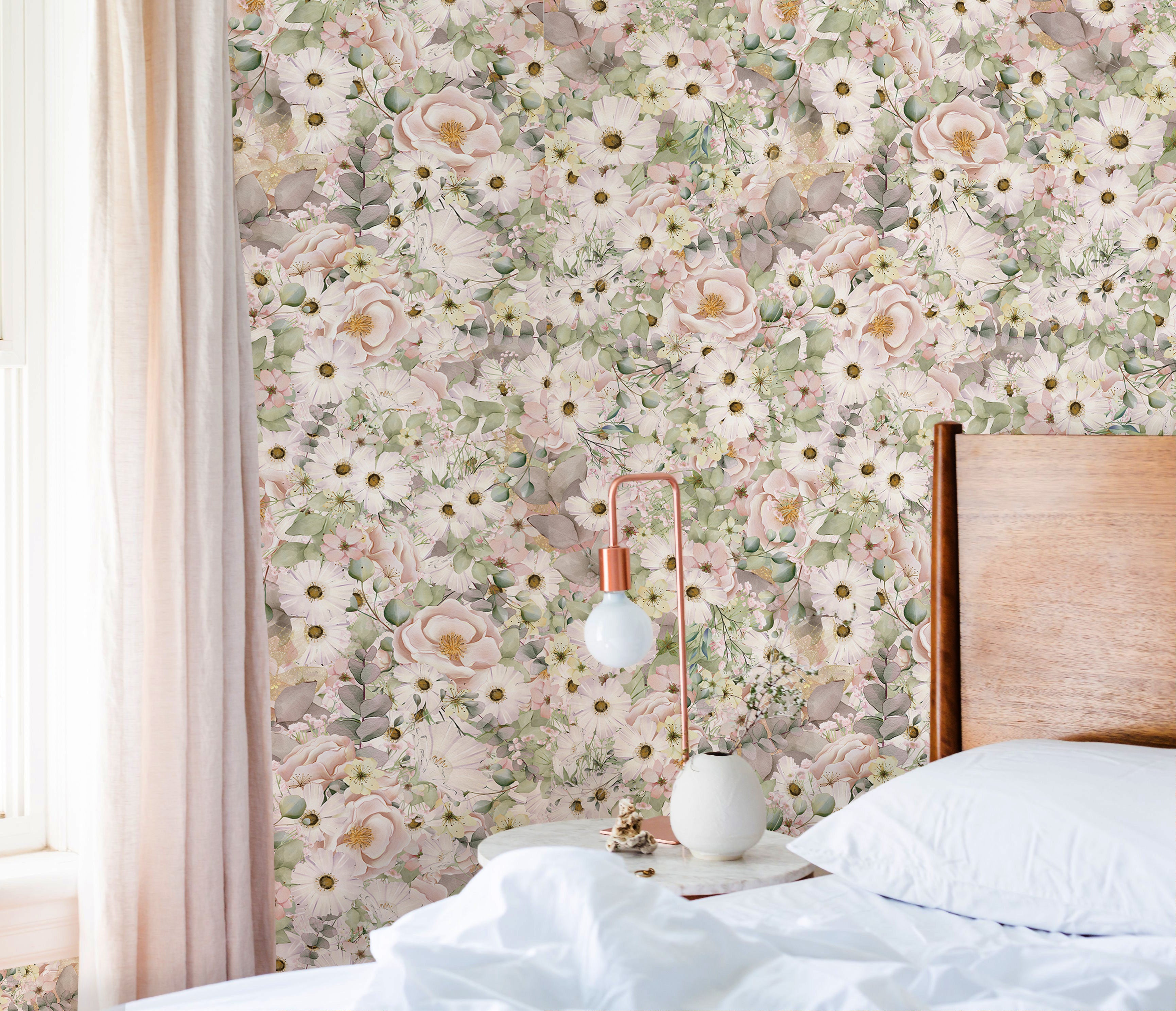 HaokHome 93268 Daisy Florish Wallpaper in Pink/Beige for Girls' Bedroom Wall Decoration