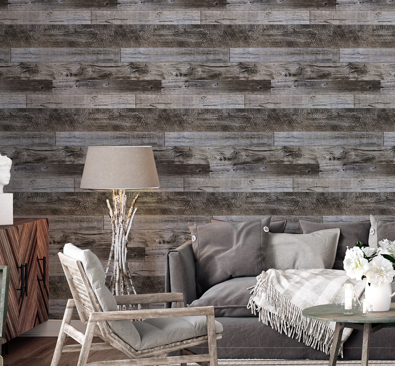 HaokHome 92048-1 Distressed Wood Plank Shiplap Wallpaper Grey