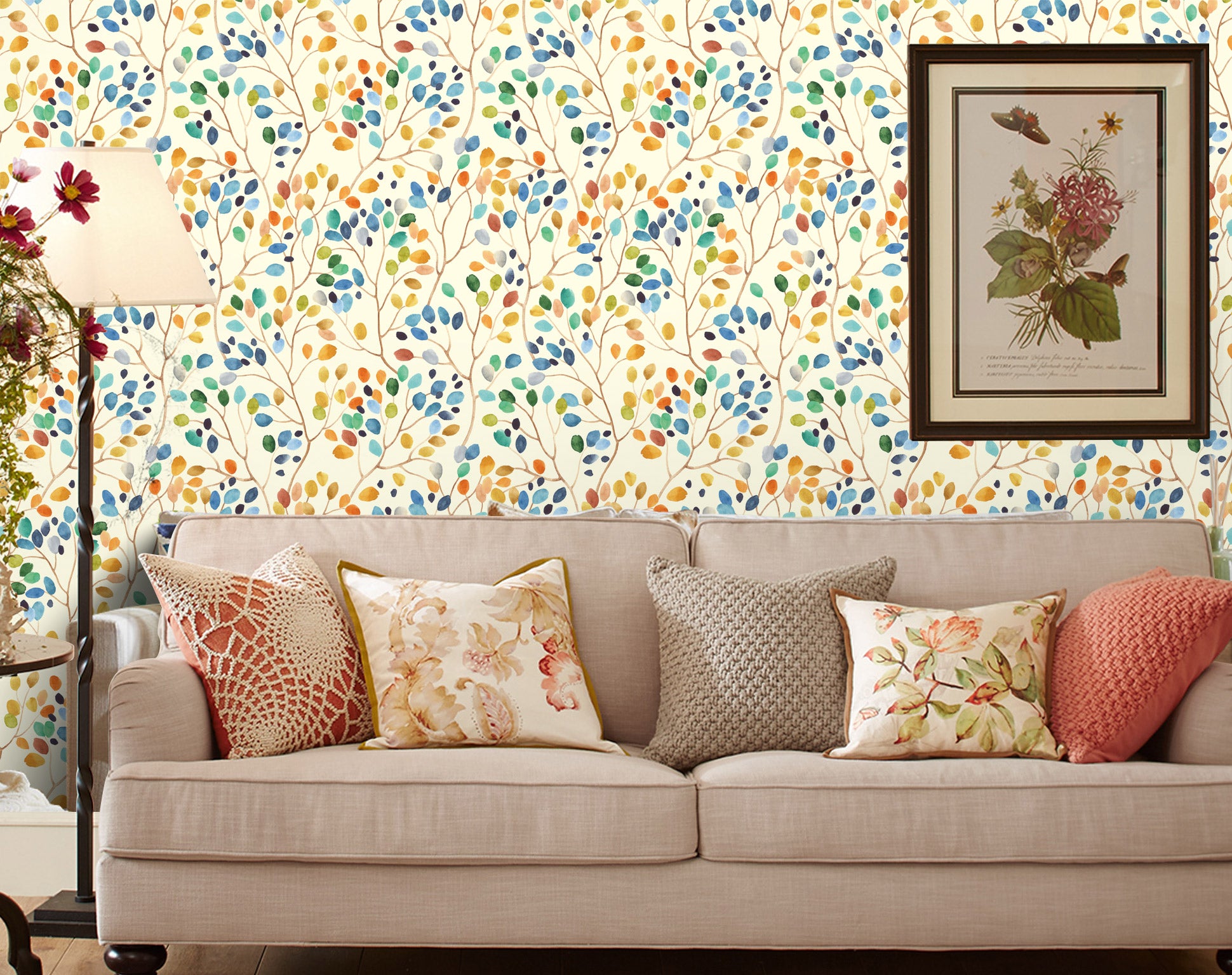 Floral Peel and Stick Wallpaper Colorful Forest Leaf Beige Removable Contact Paper for Walls