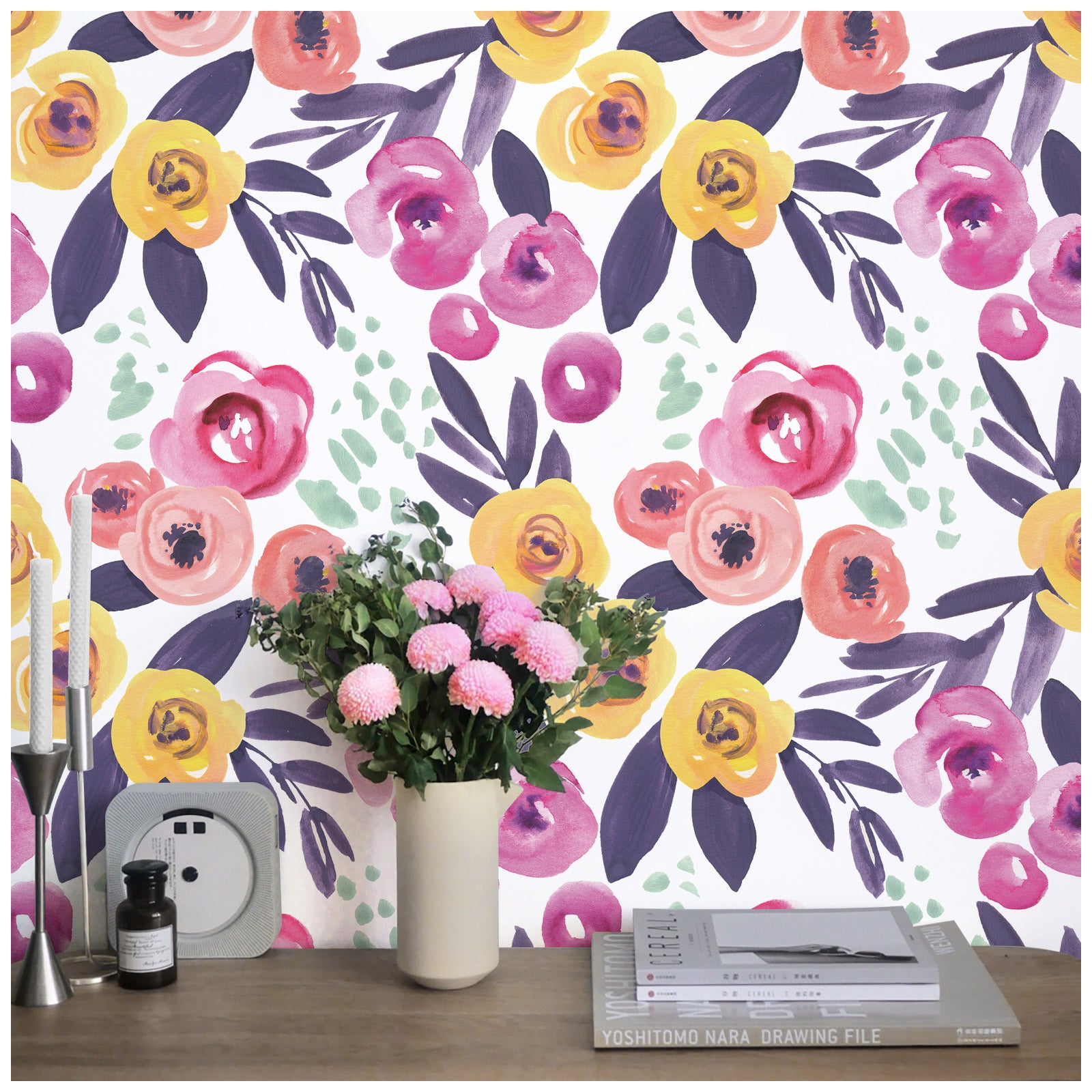 HaokHome 93116 Floral Peel and Stick Wallpaper Watercolor Purple Flowers Boho Wallpaper