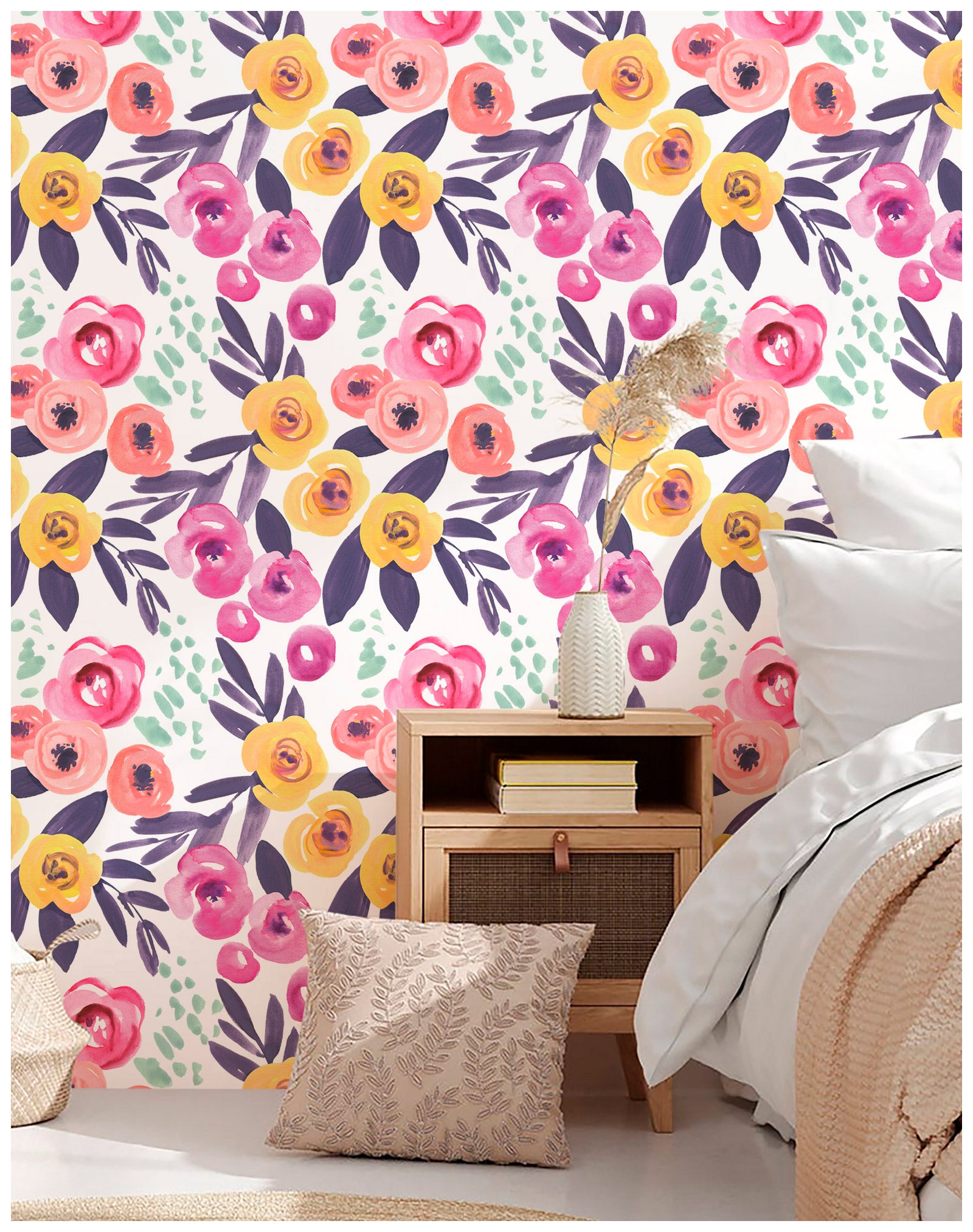 HaokHome 93116 Floral Peel and Stick Wallpaper Watercolor Purple Flowers Boho Wallpaper