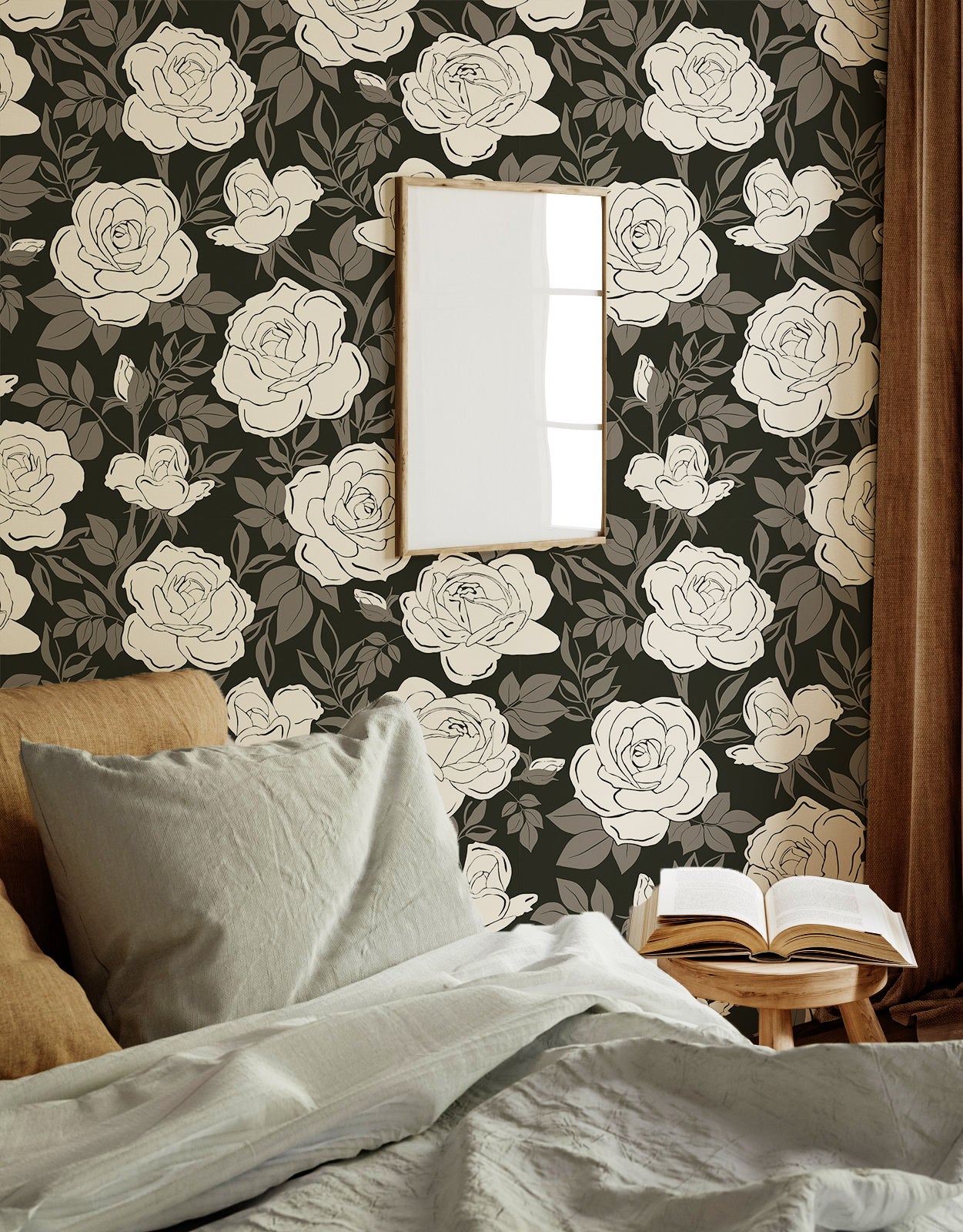 Floral Wallpaper Peel and Stick Retro Rose Removable Contact Wall Paper Black and Beige
