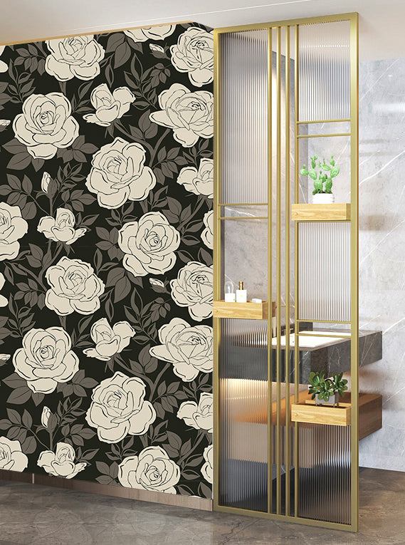 Floral Wallpaper Peel and Stick Retro Rose Removable Contact Wall Paper Black and Beige