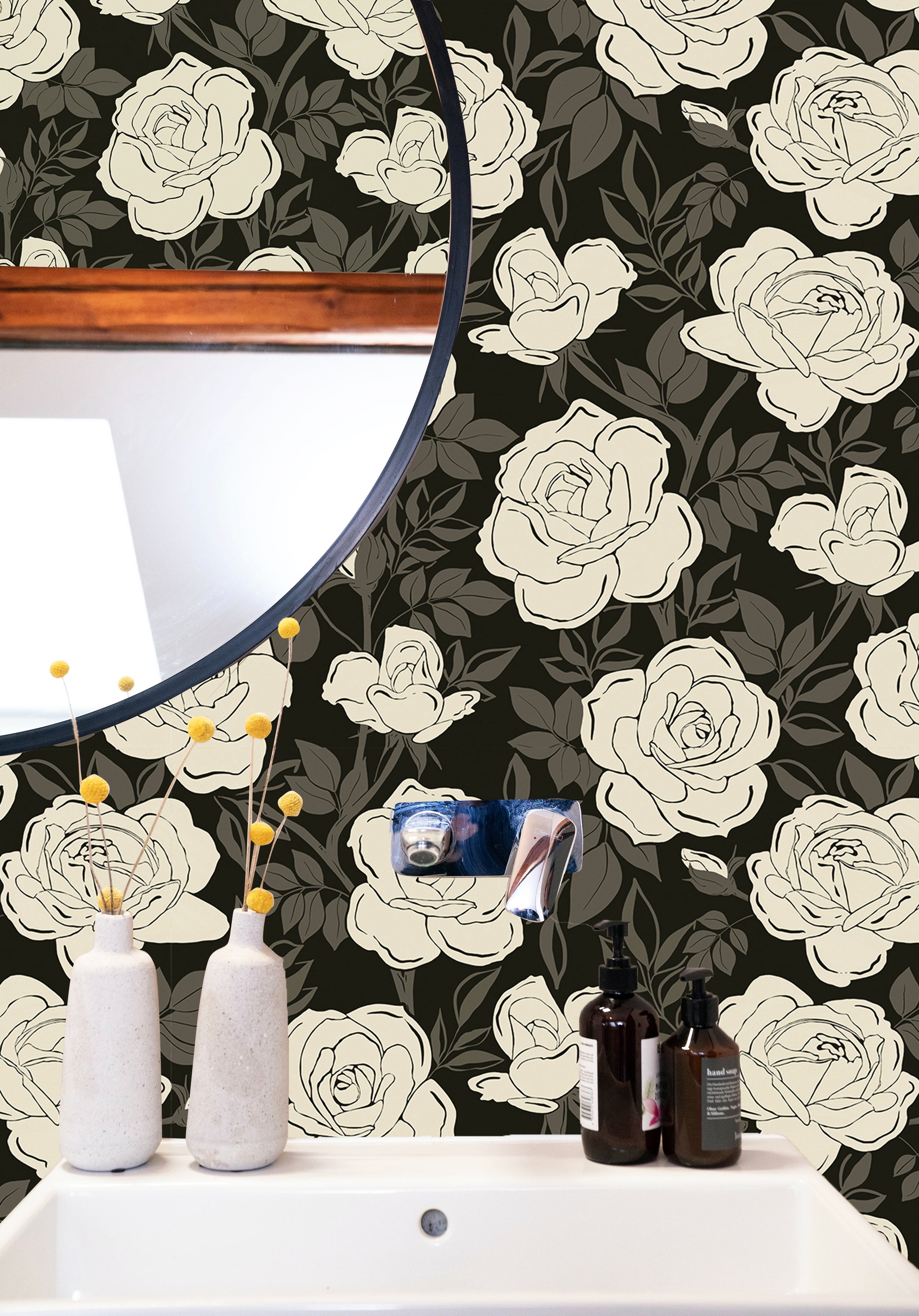 Floral Wallpaper Peel and Stick Retro Rose Removable Contact Wall Paper Black and Beige