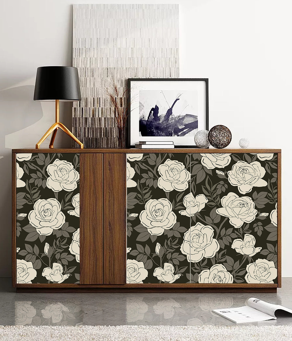 Floral Wallpaper Peel and Stick Retro Rose Removable Contact Wall Paper Black and Beige