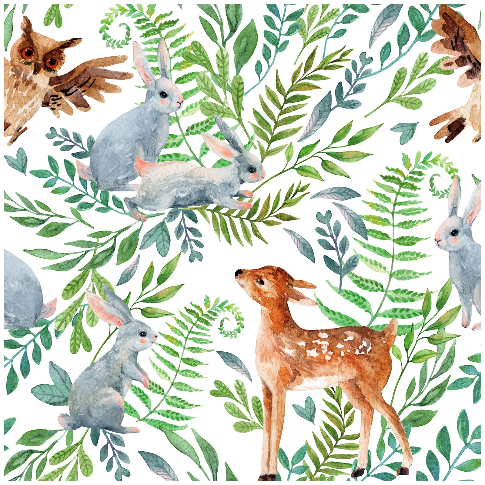Whimsical Woodland Wallpaper – Adorable Rabbits and Fawns on a Leafy