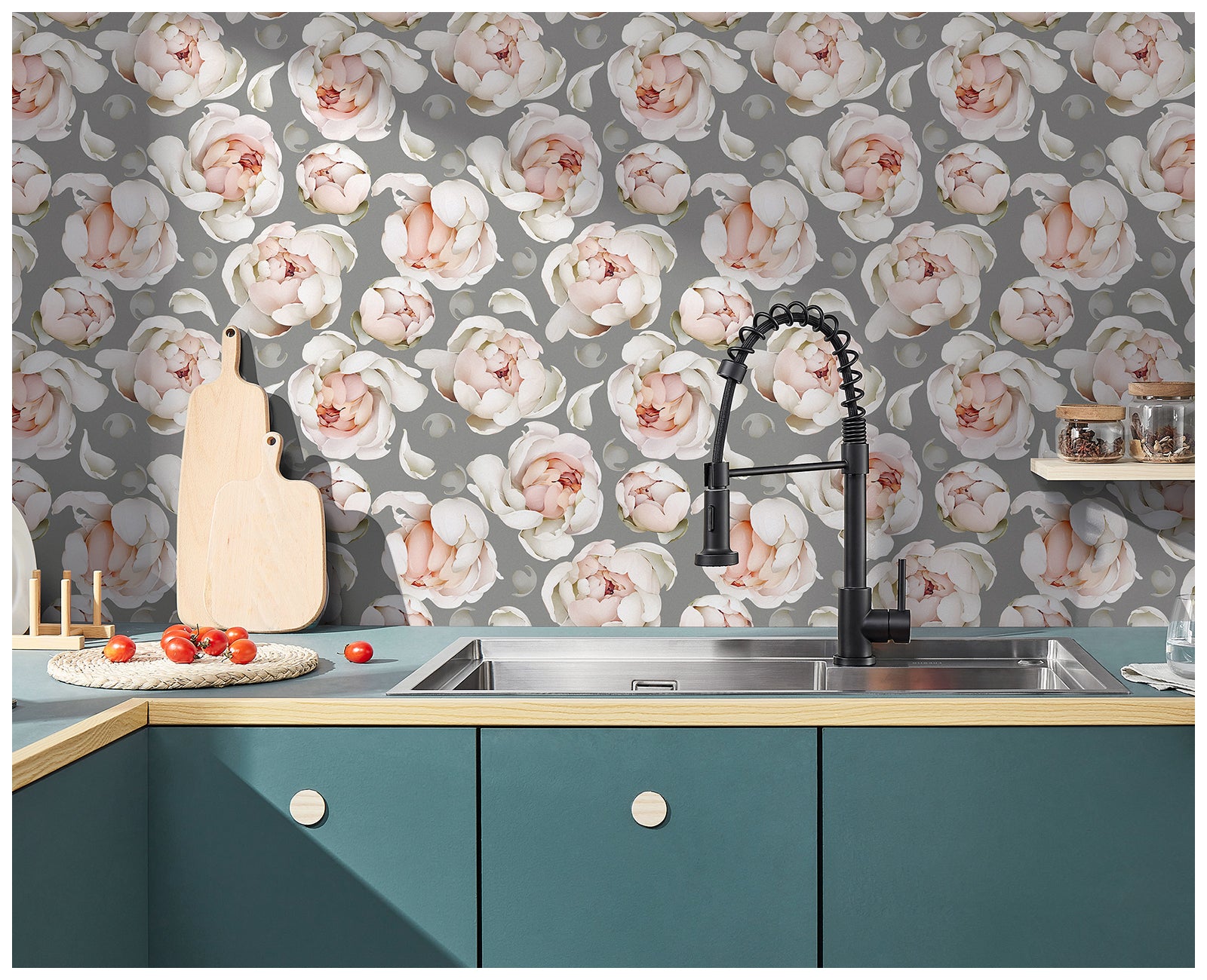 HaokHome 93254-3 Grey Floral Wallpaper Sticker Pull and Stick Peonies Design Removable Peel and Stick Wall Paper