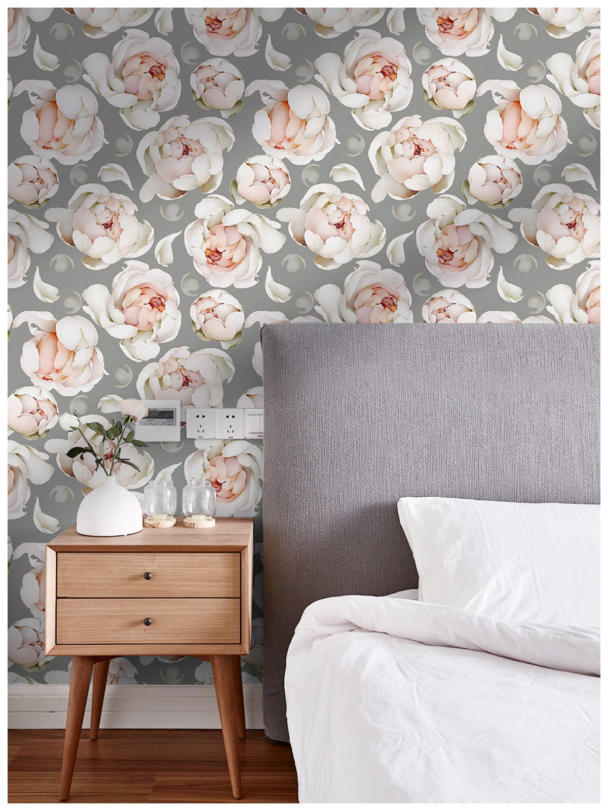 HaokHome 93254-3 Grey Floral Wallpaper Sticker Pull and Stick Peonies Design Removable Peel and Stick Wall Paper