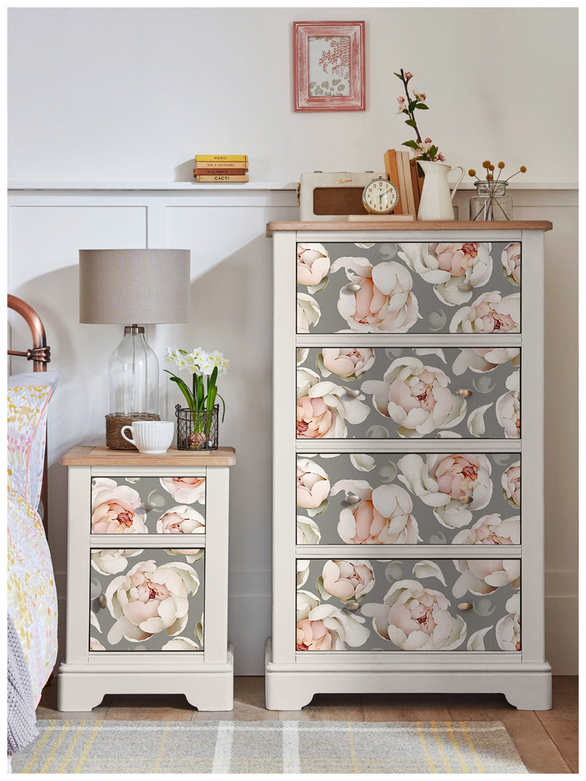 HaokHome 93254-3 Grey Floral Wallpaper Sticker Pull and Stick Peonies Design Removable Peel and Stick Wall Paper