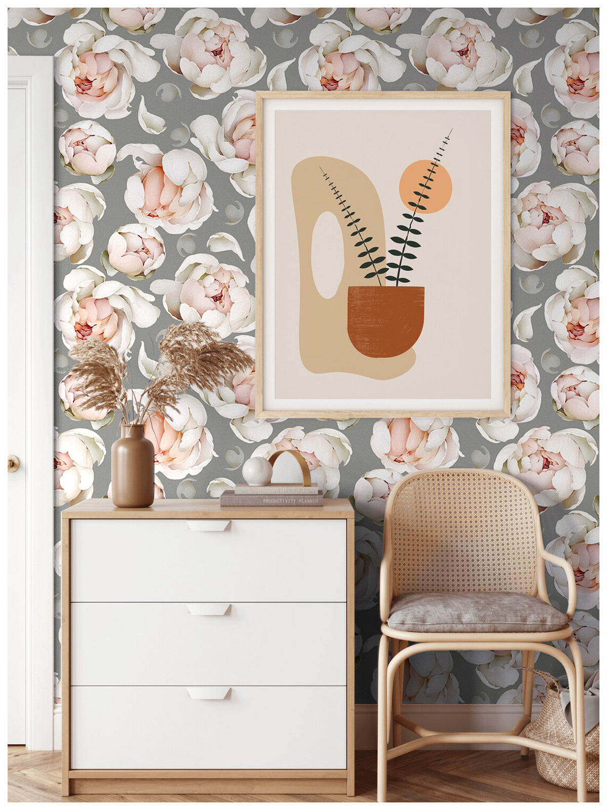 HaokHome 93254-3 Grey Floral Wallpaper Sticker Pull and Stick Peonies Design Removable Peel and Stick Wall Paper