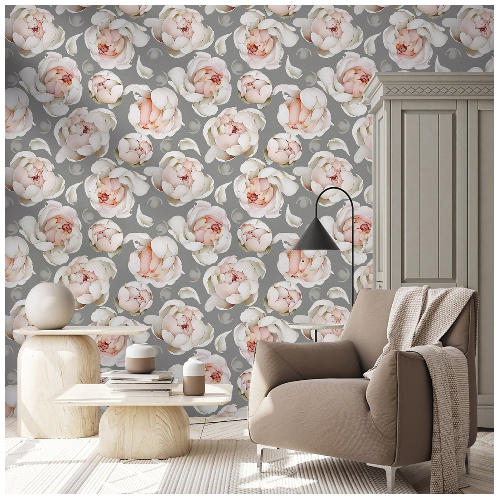 HaokHome 93254-3 Grey Floral Wallpaper Sticker Pull and Stick Peonies Design Removable Peel and Stick Wall Paper