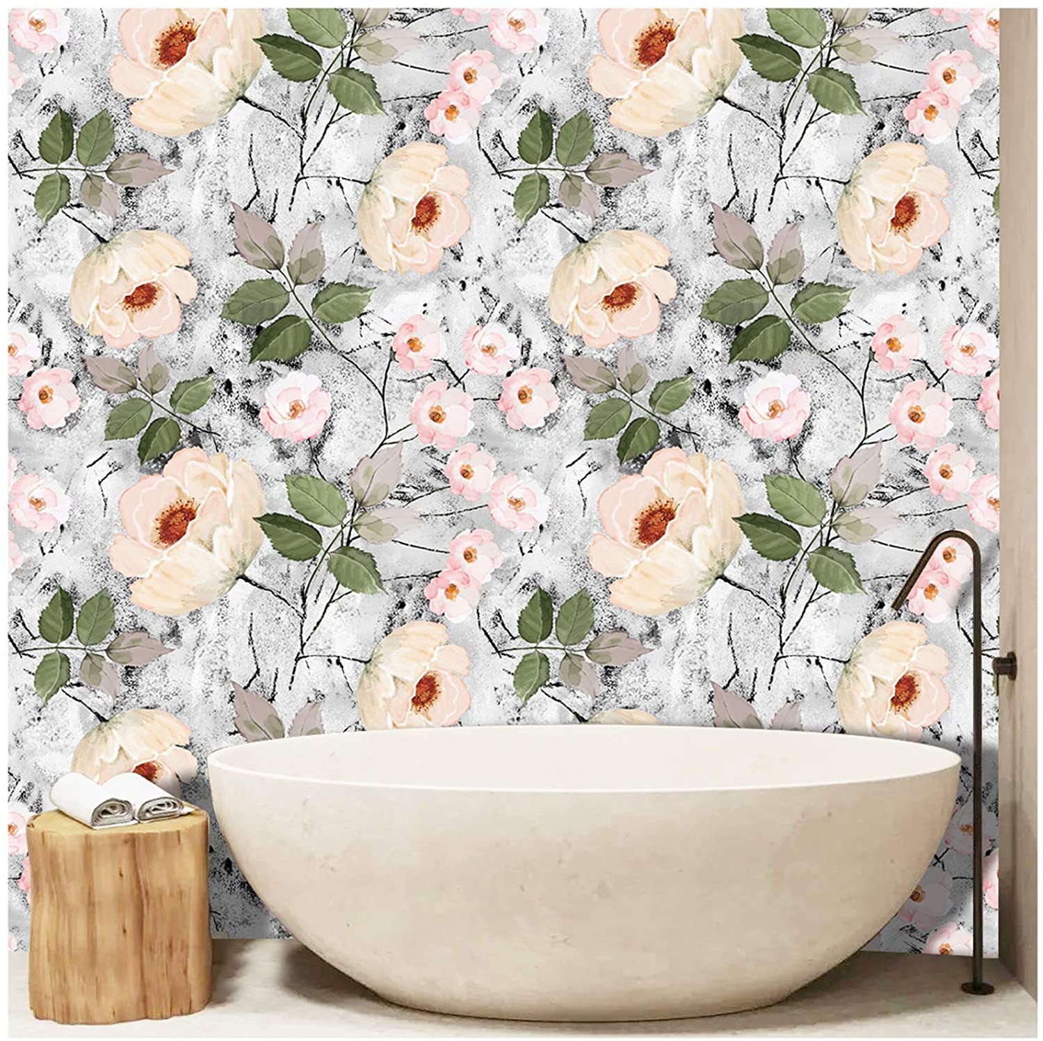HaokHome 93032 Grey Removable Wallpaper Peel and Stick Flowers Leaf Floral Wall Paper Sticker Pull and Stick