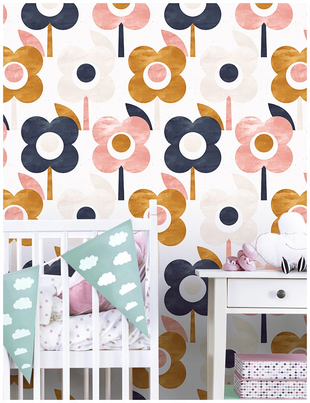 HaokHome 93015 Cute Flower Peel and Stick Wallpaper Removable for Nursery Walls Beige/Brown/Pink/Navy Blue