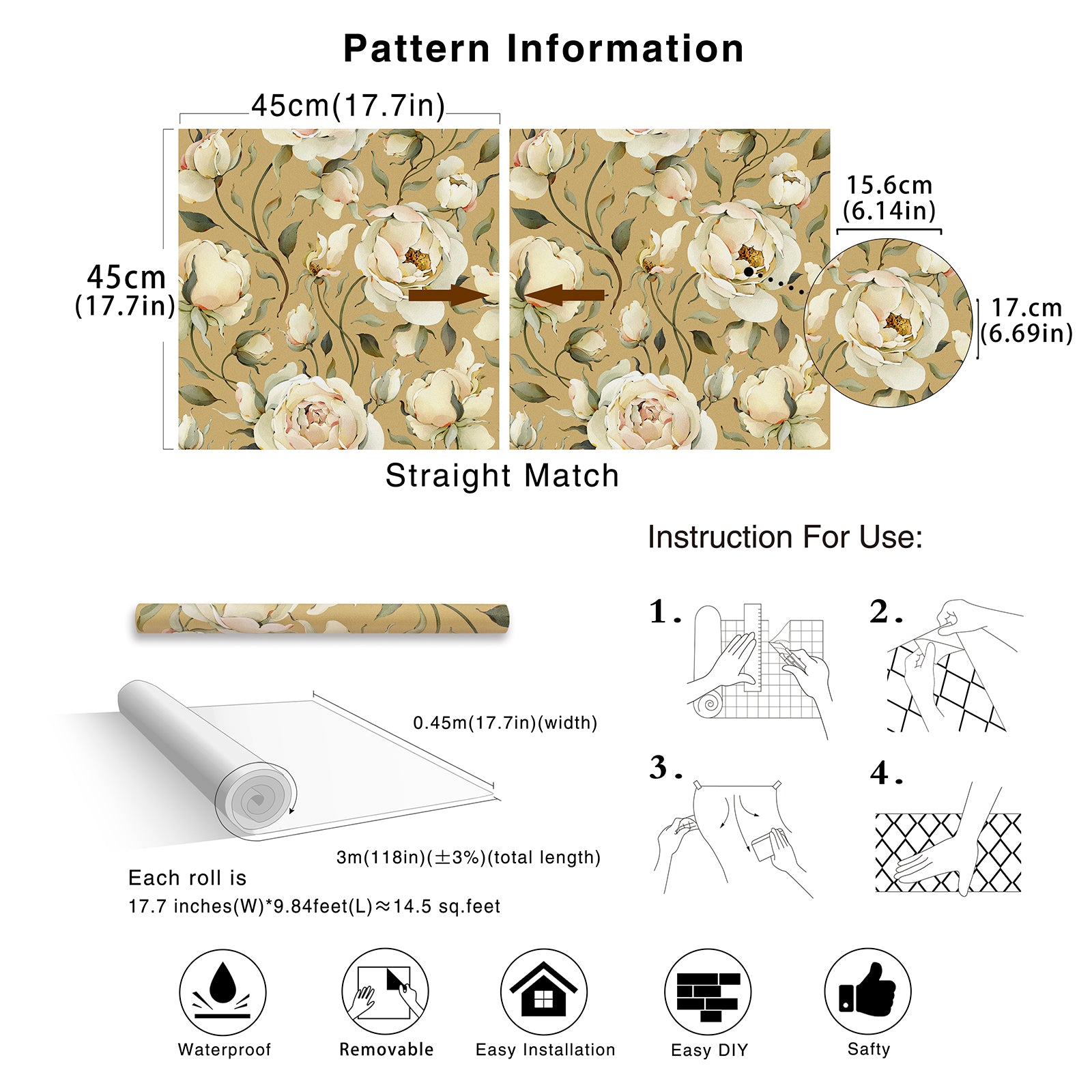 HaokHome 93242-3 Large Rose Peel and Stick Wallpaper Removable Vinyl Self Adhesive DIY Decor