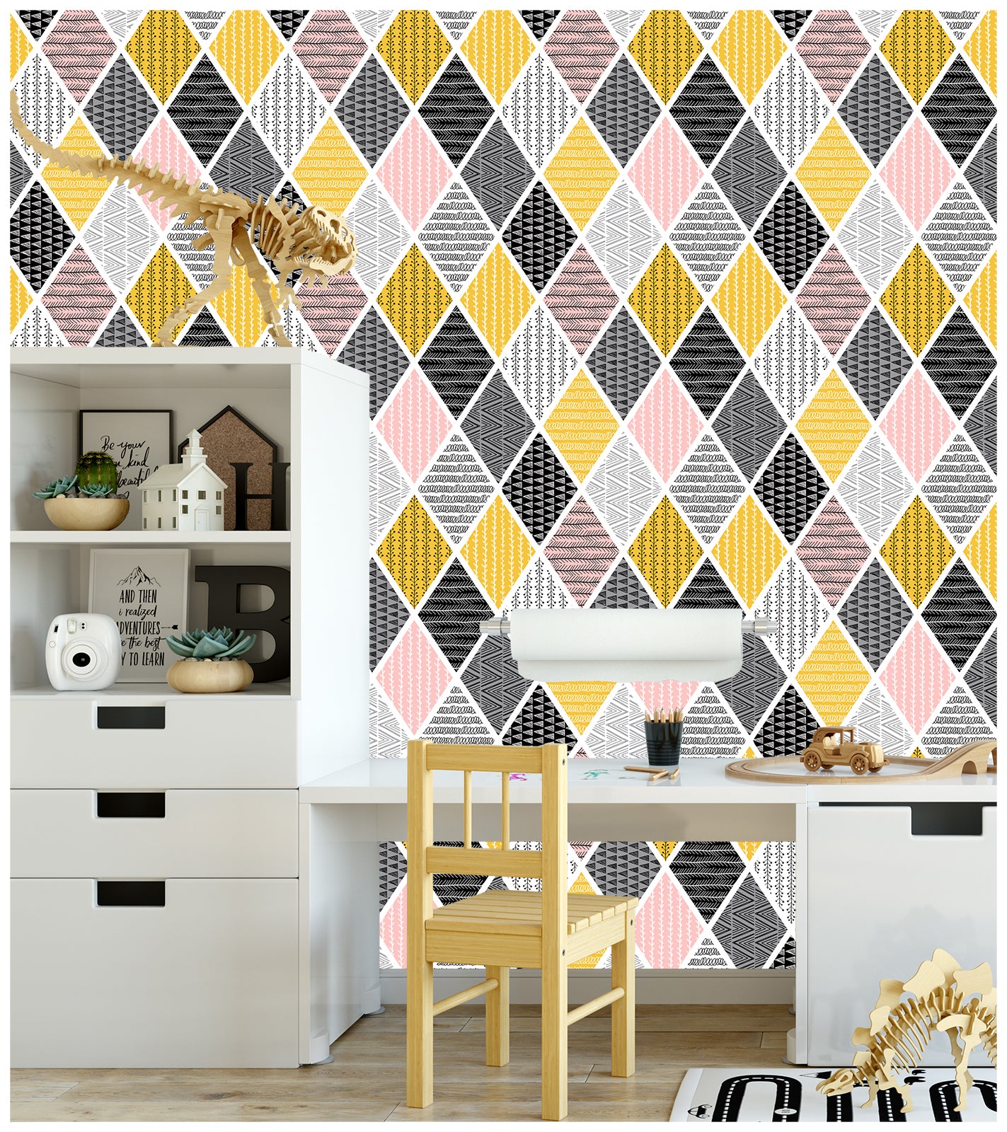 HaokHome 96036 Modern Peel and Stick Tiles Rhombus Geometric Patterned Wallpaper Self Adhesive for Bedroom Pink/Yellow/Black/Grey/White